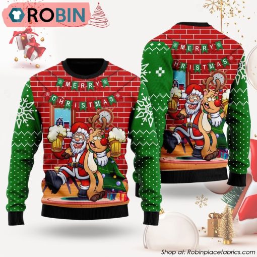 Funny Santa Drink Beer With Reindeer Ugly Christmas Sweater