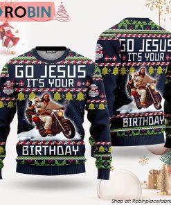 Go Jesus It’s Your Birthday Santa Jesus Riding Motorbike Ugly Christmas Sweater