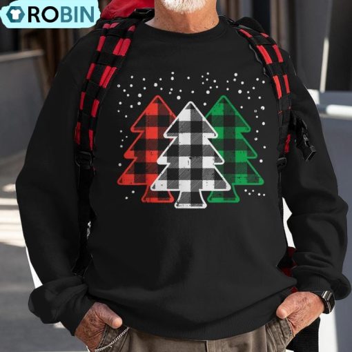 Green White Red Buffalo Plaid Christmas Trees Cute Snow Ugly Christmas Sweatshirt