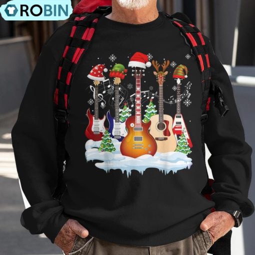 Guitar Santa Hat Elf Christmas Tree Musician Sweater Ugly Ugly Christmas Sweatshirt