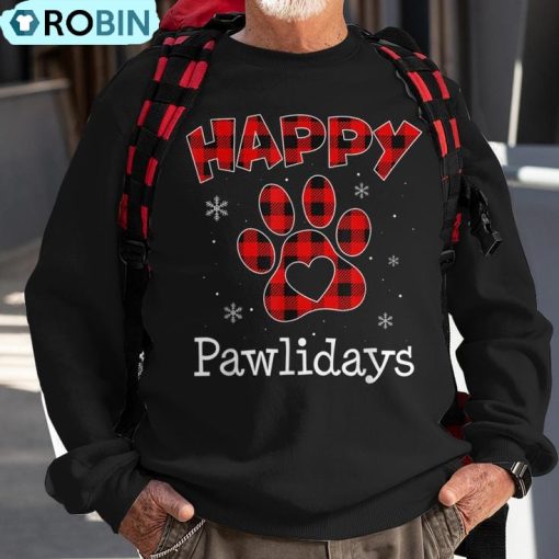 Happy Pawlidays Buffalo Plaid Paw Christmas Puppy Dog Lover Ugly Christmas Sweatshirt