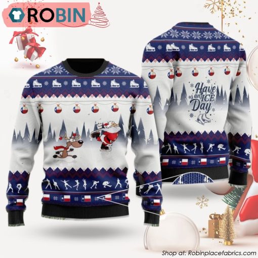 Have An Ice Day Texas Santa Claus Reindeer Skating Ugly Christmas Sweater