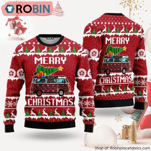 Hippie Car Merry Christmas Red Ugly Christmas Sweater