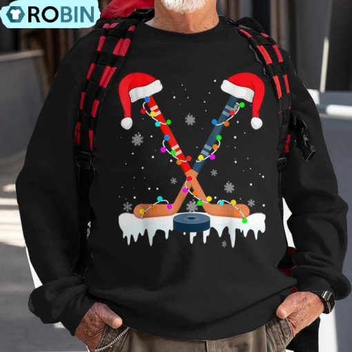 Hockey Santa Hat Christmas Lights Sport Boys Xmas Pjs Ugly Christmas Sweatshirt