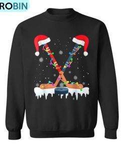 Hockey Santa Hat Christmas Lights Sport Boys Xmas Pjs Ugly Christmas Sweatshirt