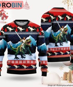 Jesus Is Riding A Dinosaur Blue Red Ugly Christmas Sweater