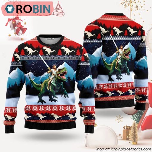 Jesus Is Riding A Dinosaur Blue Red Ugly Christmas Sweater