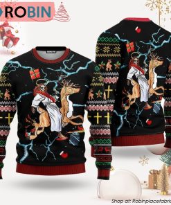 Jesus Riding Reindeer Black Christmas Ugly Christmas Sweater