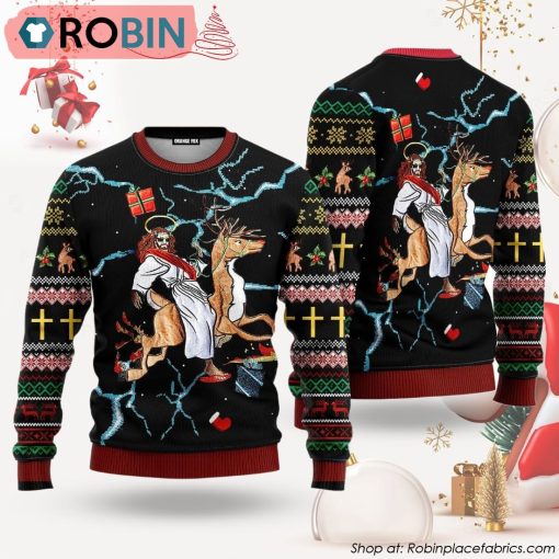 Jesus Riding Reindeer Black Christmas Ugly Christmas Sweater
