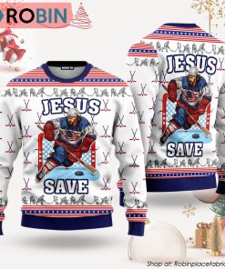 Jesus Saves White And Red Ice Hockey Ugly Christmas Sweater