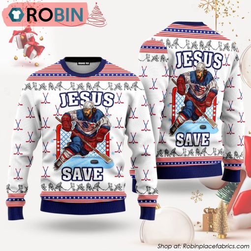 Jesus Saves White And Red Ice Hockey Ugly Christmas Sweater
