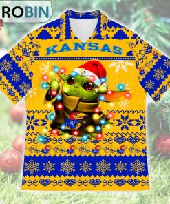 Kansas Jayhawks Baby Yoda Star Wars Ugly Christmas Design Short Sleeve Shirt
