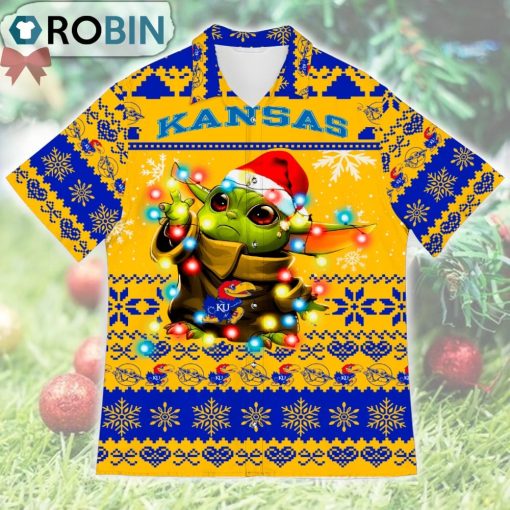 Kansas Jayhawks Baby Yoda Star Wars Ugly Christmas Design Short Sleeve Shirt
