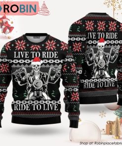 Live To Ride Motorbike Skeleton Ugly Christmas Sweater