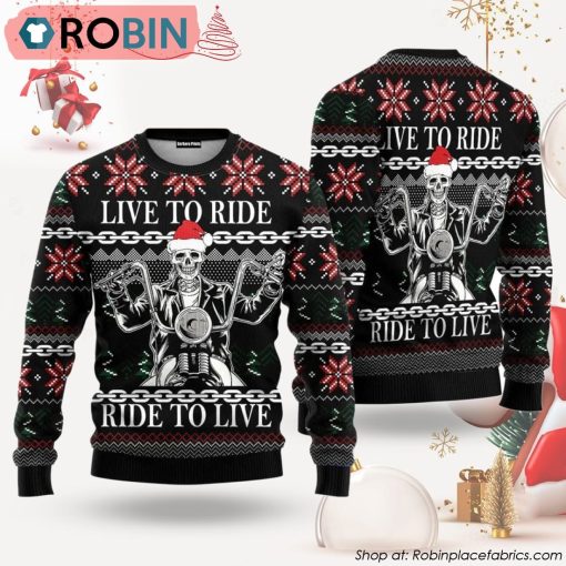 Live To Ride Motorbike Skeleton Ugly Christmas Sweater