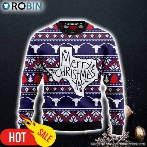 Longhorn Buffalo Christmas Ugly Sweater, Merry Christmas Yall Ugly Sweater