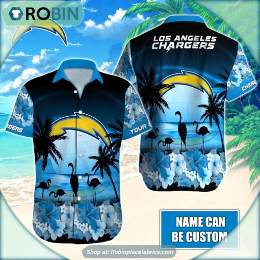 Los Angeles Chargers Flamingo Tropical Leaf Pattern Hawaiian Shirt