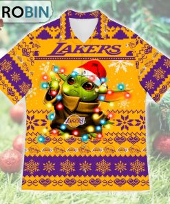Los Angeles Lakers Baby Yoda Star Wars Ugly Christmas Design Short Sleeve Shirt