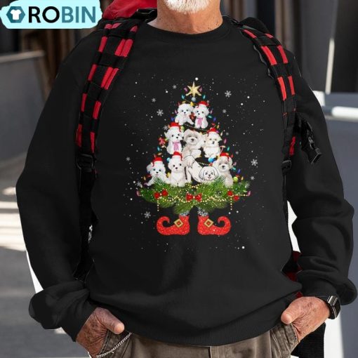 Maltese Christmas Tree Lights Cute Santa Hat Dog Lover Ugly Christmas Sweatshirt