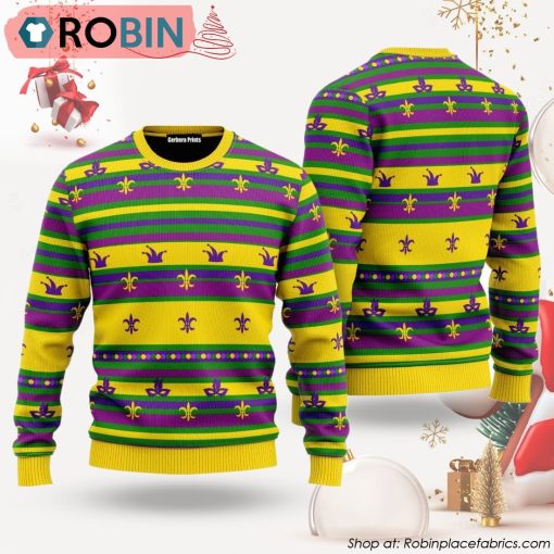 Mardi Gras Striped Yellow Ugly Christmas Sweater