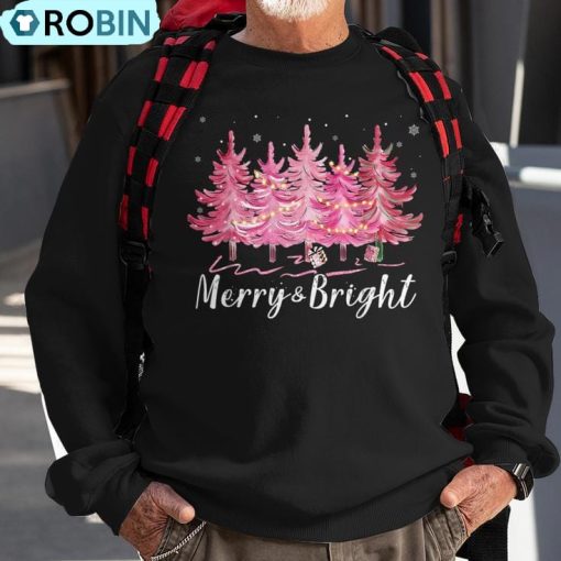 Merry And Bright Pink Christmas Tree Xmas Holiday Costume Ugly Christmas Sweatshirt