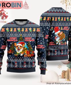 Merry Corgmas Navy Blue Corgi Snow Day Ugly Christmas Sweater