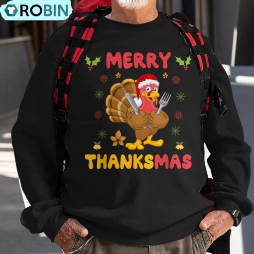 Merry Thanksmas Turkey Santa Christmas Thanksgiving Ugly Christmas Sweatshirt