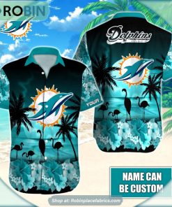 Miami Dolphins Flamingo Tropical Leaf Pattern Hawaiian Shirt Miami Dolphins Flamingo Tropical Leaf Pattern Hawaiian Shirt