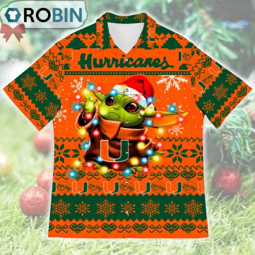 Miami Hurricanes Baby Yoda Star Wars Ugly Christmas Design Short Sleeve Shirt