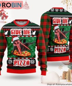 Naughty Pizza Cat With Laser Eyes Give Me Pizza Ugly Christmas Sweater