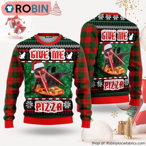 Naughty Pizza Cat With Laser Eyes Give Me Pizza Ugly Christmas Sweater