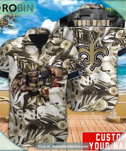 New Orleans Saints Tropical Leaf Mascot 3D Printed Summer Hawaiian Shirt New Orleans Saints Tropical Leaf Mascot 3D Printed Summer Hawaiian Shirt