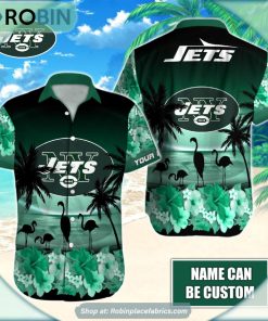 New York Jets Flamingo Tropical Leaf Pattern Hawaiian Shirt New York Jets Flamingo Tropical Leaf Pattern Hawaiian Shirt