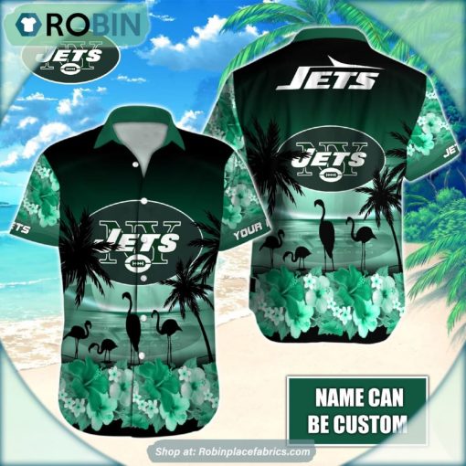 New York Jets Flamingo Tropical Leaf Pattern Hawaiian Shirt