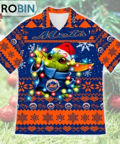 New York Mets Baby Yoda Star Wars Ugly Christmas Design Short Sleeve Shirt