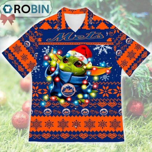New York Mets Baby Yoda Star Wars Ugly Christmas Design Short Sleeve Shirt