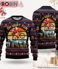 Oh What Fun, It Is To Ride Blue Red Mountain Bike Santa Ugly Christmas Sweater