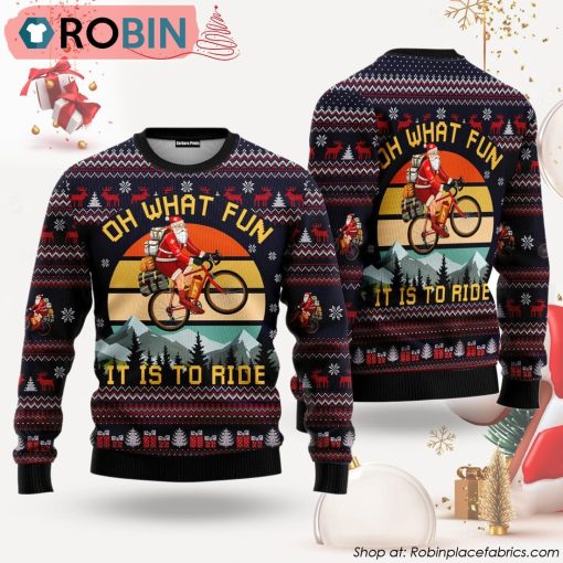 Oh What Fun, It Is To Ride Blue Red Mountain Bike Santa Ugly Christmas Sweater
