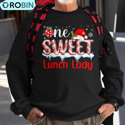 One Sweet Lunch Lady Christmas Candy Cane Santa Hat Ugly Christmas Sweatshirt