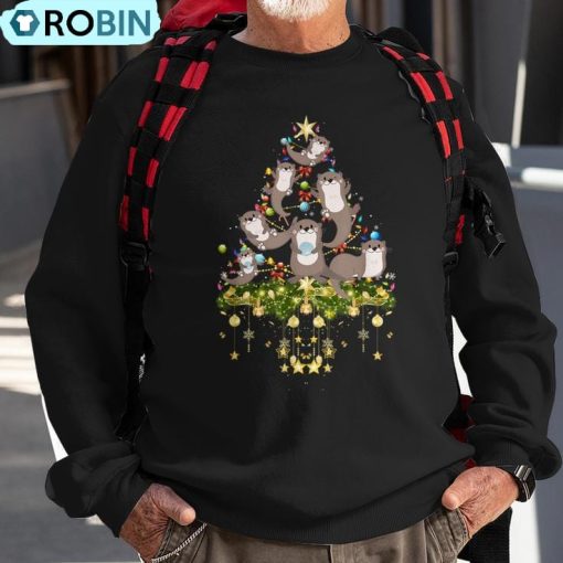 Otters Christmas Tree Lights Holiday Otter Xmas Ugly Christmas Sweatshirt