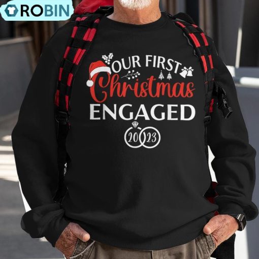 Our First Christmas Engaged 2023 Christmas Couple Matching Ugly Christmas Sweatshirt