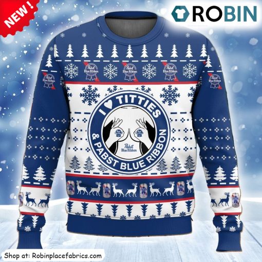 Pabst Blue Ribbon Titties Funny Ugly Christmas Sweatshirt, Sweater