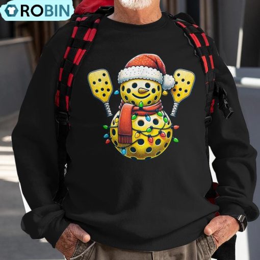 Pickleball Snowman Santa Hat Lights Christmas Pickleball Ugly Christmas Sweatshirt