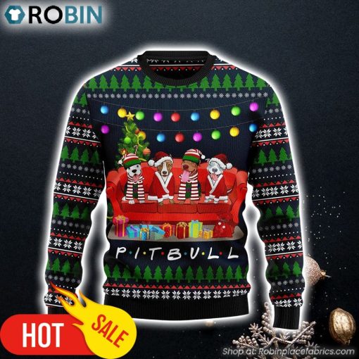 Pit Bull Friends On Red Sofa Dog Lover Ugly Christmas Sweater