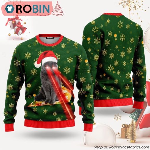 Pizza Cat With Laser Eyes Holiday Ugly Christmas Sweater
