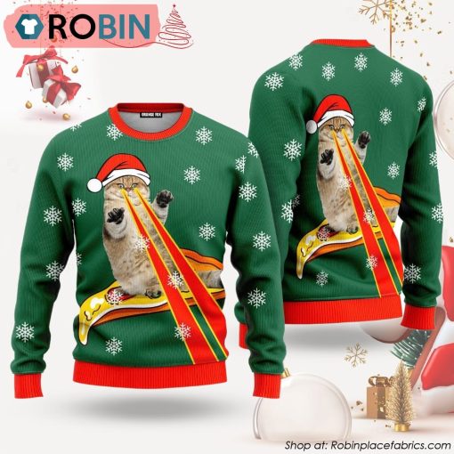 Pizza Cat With Laser Eyes Ugly Christmas Sweater Shirt