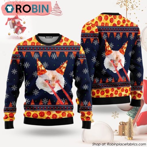 Pizza Cat With Laser Eyes Ugly Christmas Sweater, Xmas Gifts