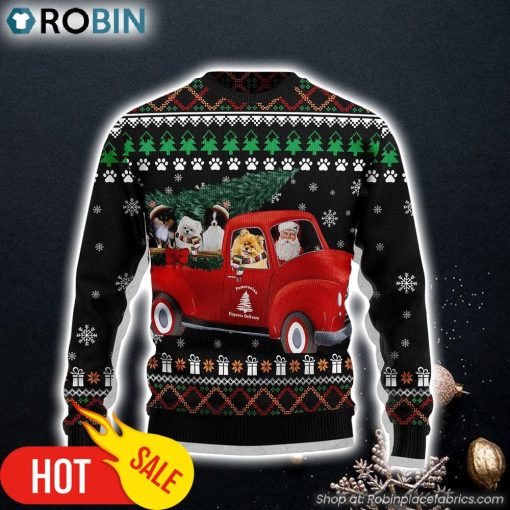 Pomeranian And Red Truck Dog Lover Ugly Christmas Sweater Dog Memorial Gift