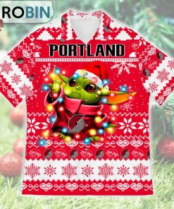 Portland Trail Blazers Baby Yoda Star Wars Ugly Christmas Design Short Sleeve Shirt