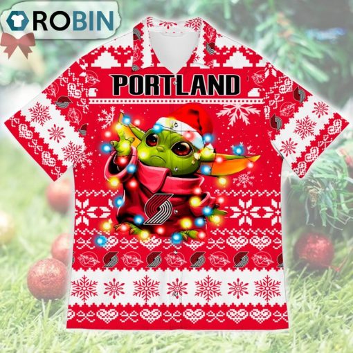 Portland Trail Blazers Baby Yoda Star Wars Ugly Christmas Design Short Sleeve Shirt